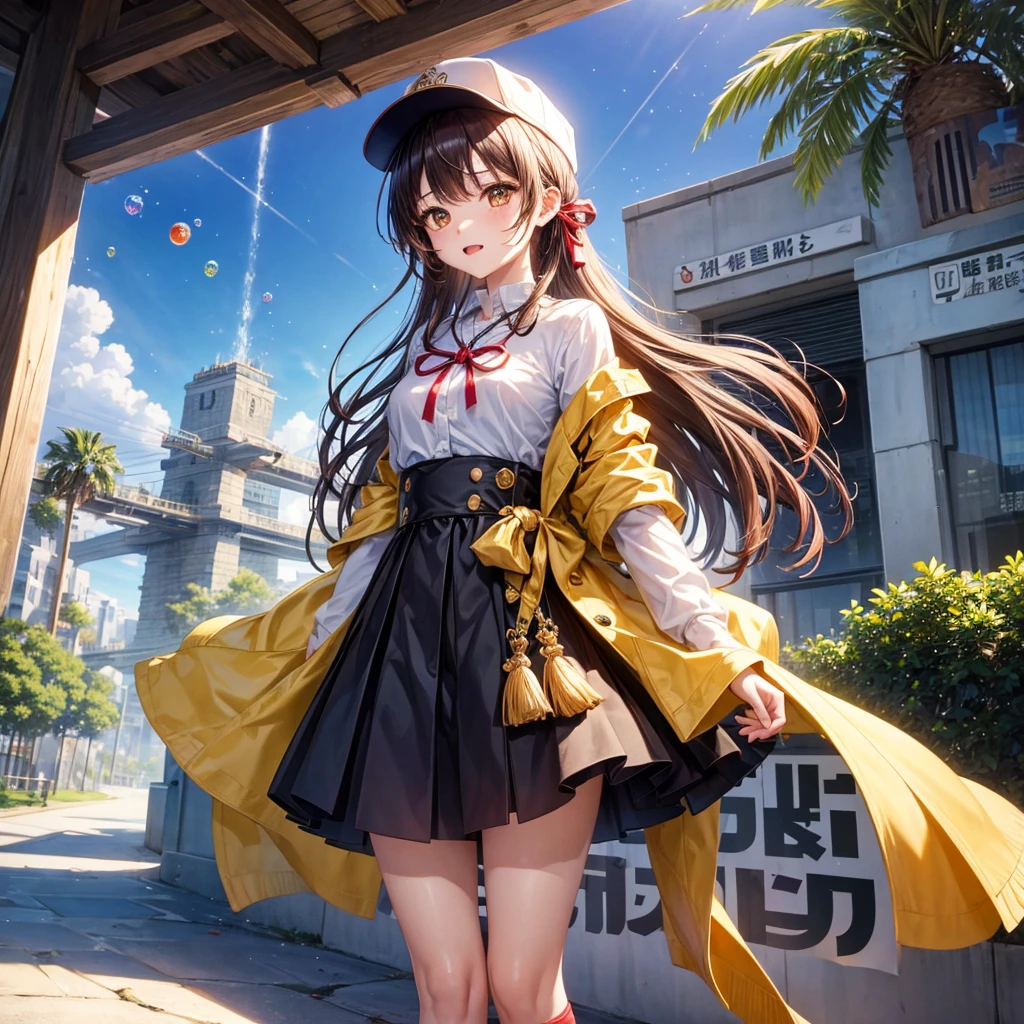 Red, brown, gold, gold hair、Golden Eyes、Hair tied up、One good looking girl、solo、anime、Checkered mini skirt、Ruffles on the skirt、Checked dress、blouse、school uniform、Black knee-high socks、Wearing a baseball cap、Ribbon、Ribbon on waist、Teeth are visible、Silver coin necklace、From above、Cobblestones、waterfall、Starry Sky、Midnight Moon、suspension bridge、Soap bubbles are flying、beam、Standing still、Eight Towers、Palm Tree、Transparent、Dragon flying、Sandy Beach、time and space、goddess、Billboard