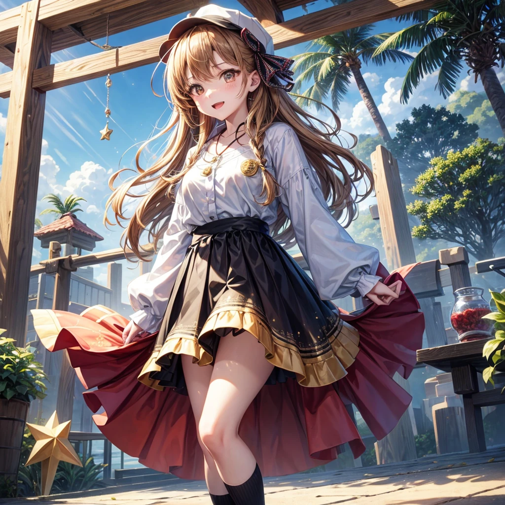 Red, brown, gold, gold hair、Golden Eyes、Hair tied up、One good looking girl、solo、anime、Checkered mini skirt、Ruffles on the skirt、Checked dress、blouse、school uniform、Black knee-high socks、Wearing a baseball cap、Ribbon、Ribbon on waist、Teeth are visible、Silver coin necklace、From above、Cobblestones、waterfall、Starry Sky、Midnight Moon、suspension bridge、Soap bubbles are flying、beam、Standing still、Eight Towers、Palm Tree、Transparent、Dragon flying、Sandy Beach、time and space、goddess、Billboard