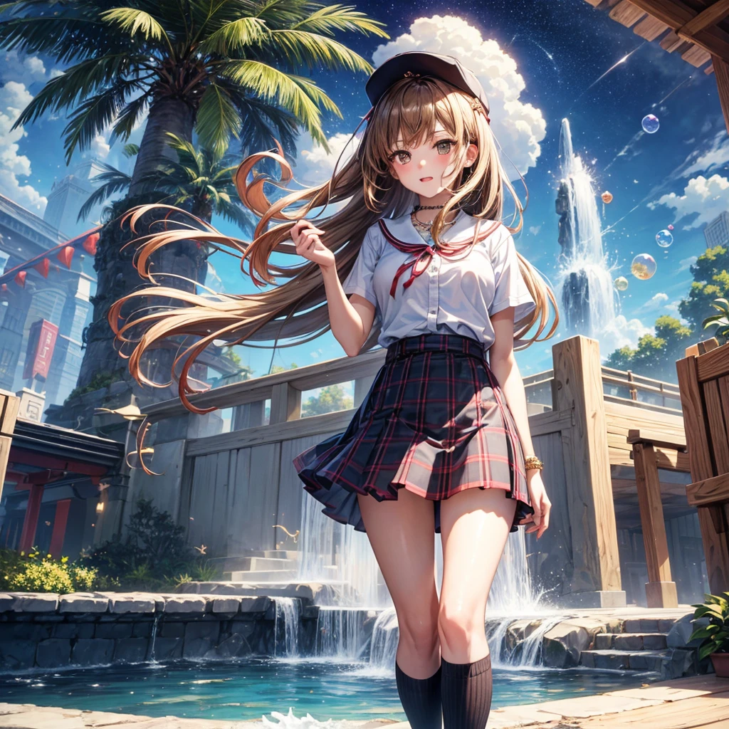 Red, brown, gold, gold hair、Golden Eyes、Hair tied up、One good looking girl、solo、anime、Checkered mini skirt、Ruffles on the skirt、Checked dress、blouse、school uniform、Black knee-high socks、Wearing a baseball cap、Ribbon、Ribbon on waist、Teeth are visible、Silver coin necklace、From above、Cobblestones、waterfall、Starry Sky、Midnight Moon、suspension bridge、Soap bubbles are flying、beam、Standing still、Eight Towers、Palm Tree、Transparent、Dragon flying、Sandy Beach、time and space、goddess、Billboard