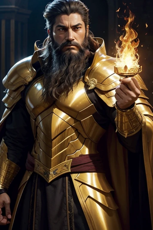 The King with golden armor, stark, dark-skinned, dense beard, Fire element,