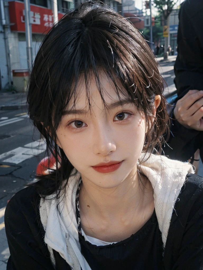 (Skin details:1.4), (smooth skin textures:1.3), (Upper Body:1.4),(Upper Body:1.3),(Black clothes:1.4),Lipstick, background, earrings, serene, calm, (Realistic and detailed eyes:1.2), Natural skin texture, Realistic facial details, Soft dramatic lighting, Vivid details, 35 mm film, outdoor, (Photo Practical:1.4), (hyper Practical:1.4), (Practical:1.3), (Smoother lighting:1.05), (Improve lighting quality:0.9), (Highest quality real skin textures:1.4), Exquisite eyes, Delicate face, Close-up of face, (Enhance the beauty of skin texture:1.1),0Normal body proportions, short hair, Moles under the eyes, A faint smile,Portrait Photography, Depth of Field, Bokeh, Surrealism, Ray Tracing, (Portrait Photography:1.1), Surrealism, High Detail, Chiaroscuro, Ray Tracing, reflected light, Ultra HD, Ultra HD, masterpiece, Textured Skin, Super Detail, High Detail, high quality, best quality