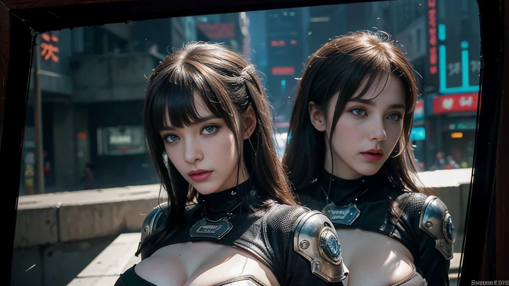 masterpiece,best quality,high resolution,8K,(Portraits:1.5),(R Original Photo),The real situation,Digital Photography,(A fusion of cyberpunk and fantasy),(Policewoman),White women,Feel free to hairstyle,hair,blue eyes,By Bangs,(Large Breasts, Accessories,shut your mouth,Elegant and charming,Serious and arrogant,Calm and handsome,(Combination of cyberpunk and fantasy style clothing,hollow-carved design,Large Breasts,Photo poses,Realistic style,Gray World Background,oc render reflection texture,futuristic city,Medium distance photography