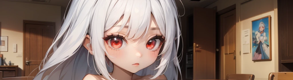 ((((1girl:1.5)))), white hair, red eyes, long hair, (collarbone:1.4), animation style,(2d, chibi, cute, cute, small , big eyes), skin color white, think about something, background/(in the room ,modern girl's room, bed, Soft mood lighting), ((((rose)))), (Bamboo Spear)