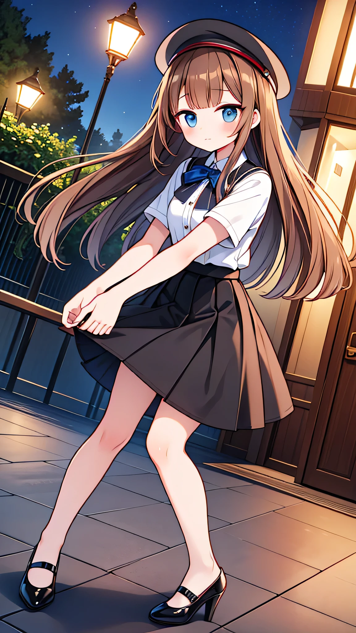 {Highest quality], [Super beautiful], [Ultra fine], [Best illustration],Brown Hair,Hime cut,semi-long,Bangs,girl,Uniform cap,White Shirt,Short sleeve,Long black skirt,Night Park,Blushing,Slender women, A woman wearing plain black pumps,Bare legs and pumps,Stand with your legs together,hold the skirt with both hands,From an angle