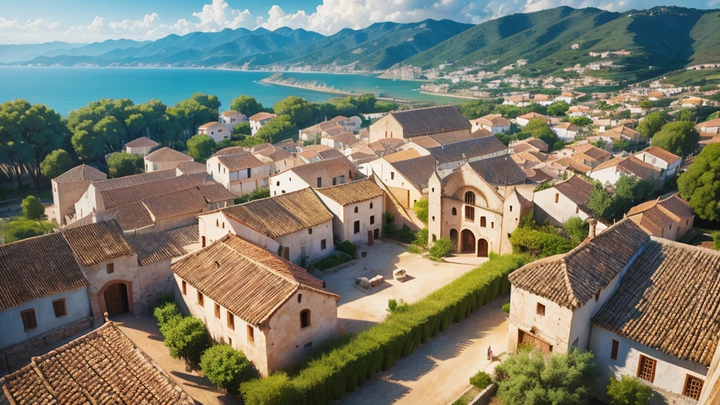 Beautiful scenery of ancient Spanish village. Aerial view. Photorealistic photos. High definition
