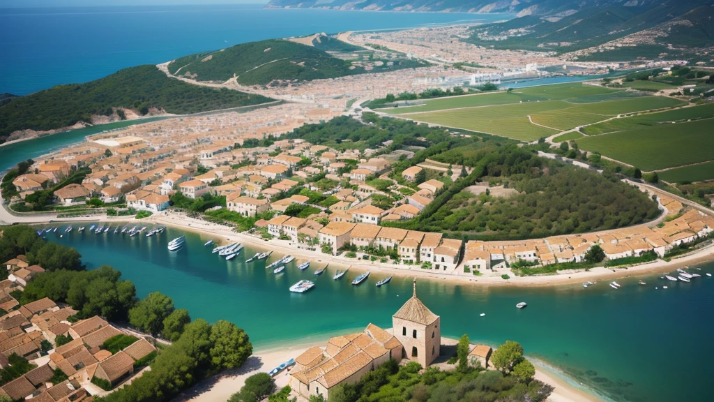 Beautiful scenery of ancient Spanish village. Aerial view. Photorealistic photos. High definition