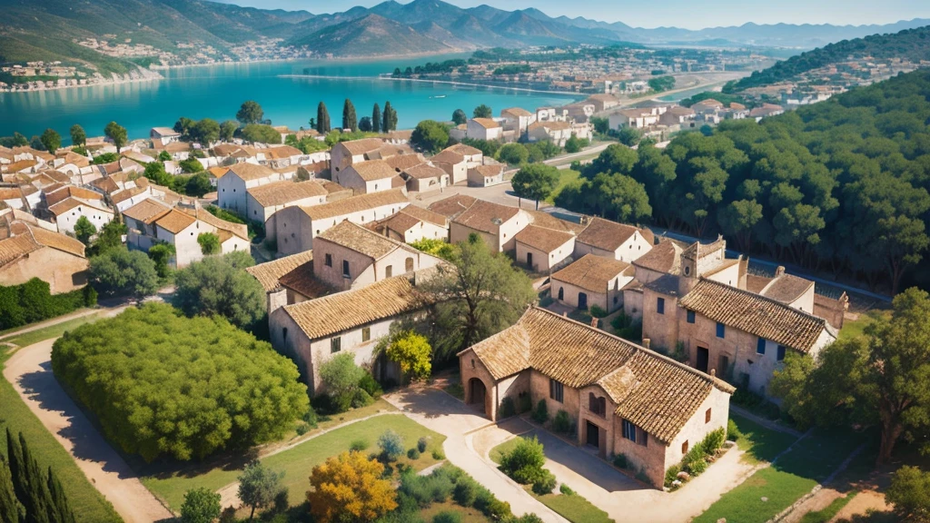 Beautiful scenery of ancient Spanish village. Aerial view. Photorealistic photos. High definition