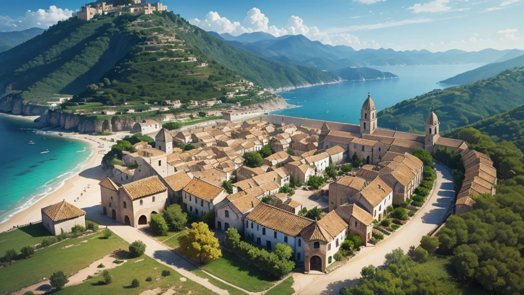 Beautiful scenery of ancient Spanish village. Aerial view. Photorealistic photos. High definition