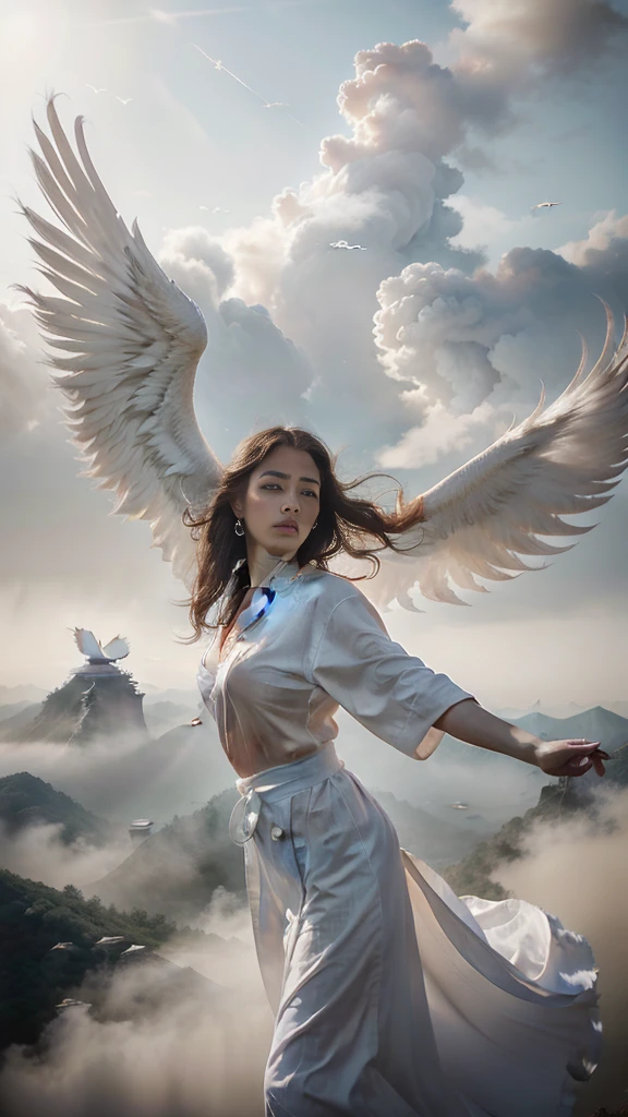 woman white robe, in a captivating scene, a beautiful woman adorned in a
flowing white Chinese robe soars through the misty clouds on the back of a majestic
Chinese phoenix, the wind gently lifts her robe, accentuating the sense of flight
as they gracefully navigate the ethereal cloudscape, perfect symmetric eyes,
gorgeous face, 8k, HDR