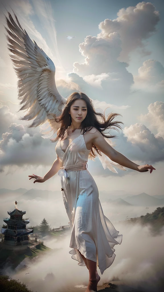 woman white robe, in a captivating scene, a beautiful woman adorned in a
flowing white Chinese robe soars through the misty clouds on the back of a majestic
Chinese phoenix, the wind gently lifts her robe, accentuating the sense of flight
as they gracefully navigate the ethereal cloudscape, perfect symmetric eyes,
gorgeous face, 8k, HDR