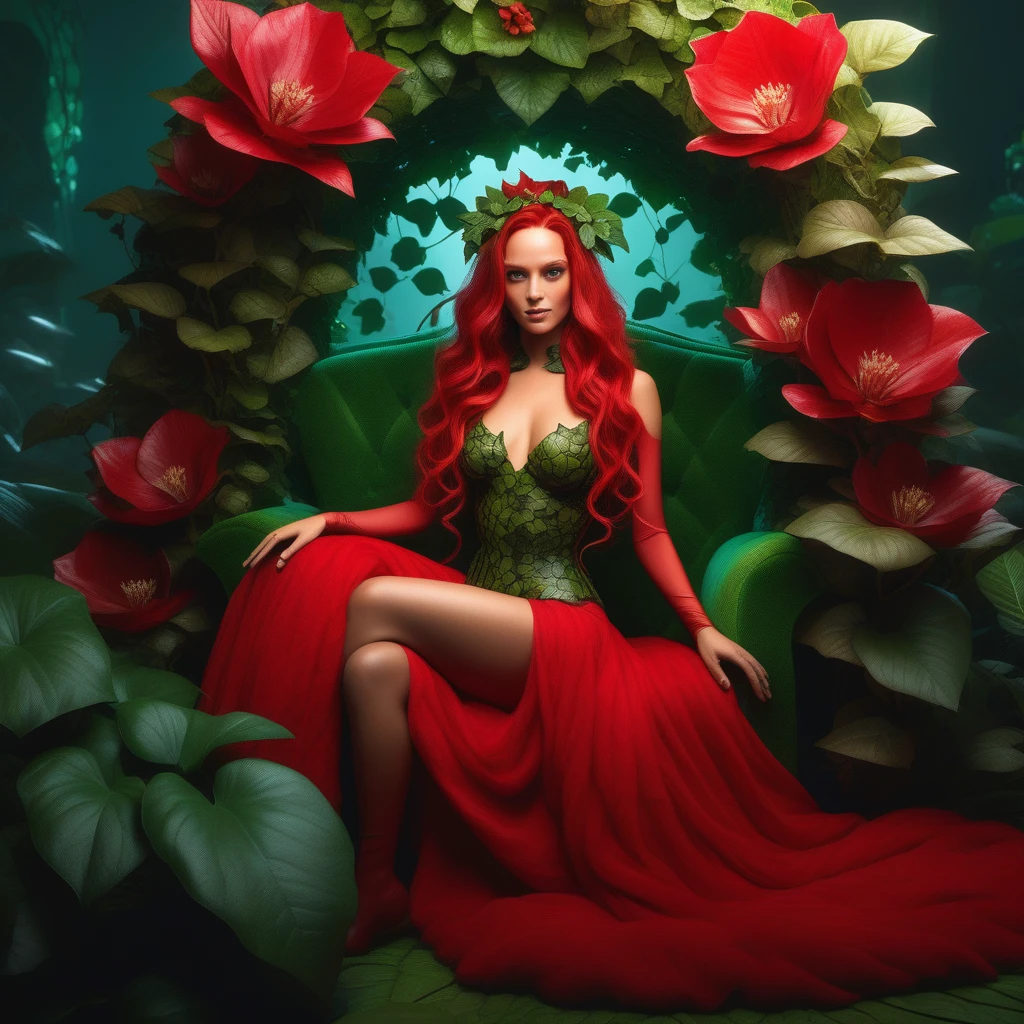 Ultra realistic extremely beautifully detailed 8k picture of 1 gorgeously cute and cool woman uma poison ivy with big wavy hair pulled back into tall two curly hair buns sitting in giant Venus flower throne bed. , Red outfit lingerie robe, extremely detailed eyes mouth and facial features, gorgeous breathtaking composition and epic cinematic lighting