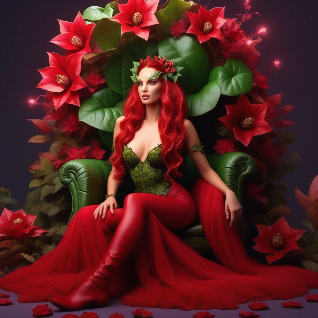 Ultra realistic extremely beautifully detailed 8k picture of 1 gorgeously cute and cool woman uma poison ivy with big wavy hair pulled back into tall two curly hair buns sitting in giant Venus flower throne bed. , Red outfit lingerie robe, extremely detailed eyes mouth and facial features, gorgeous breathtaking composition and epic cinematic lighting