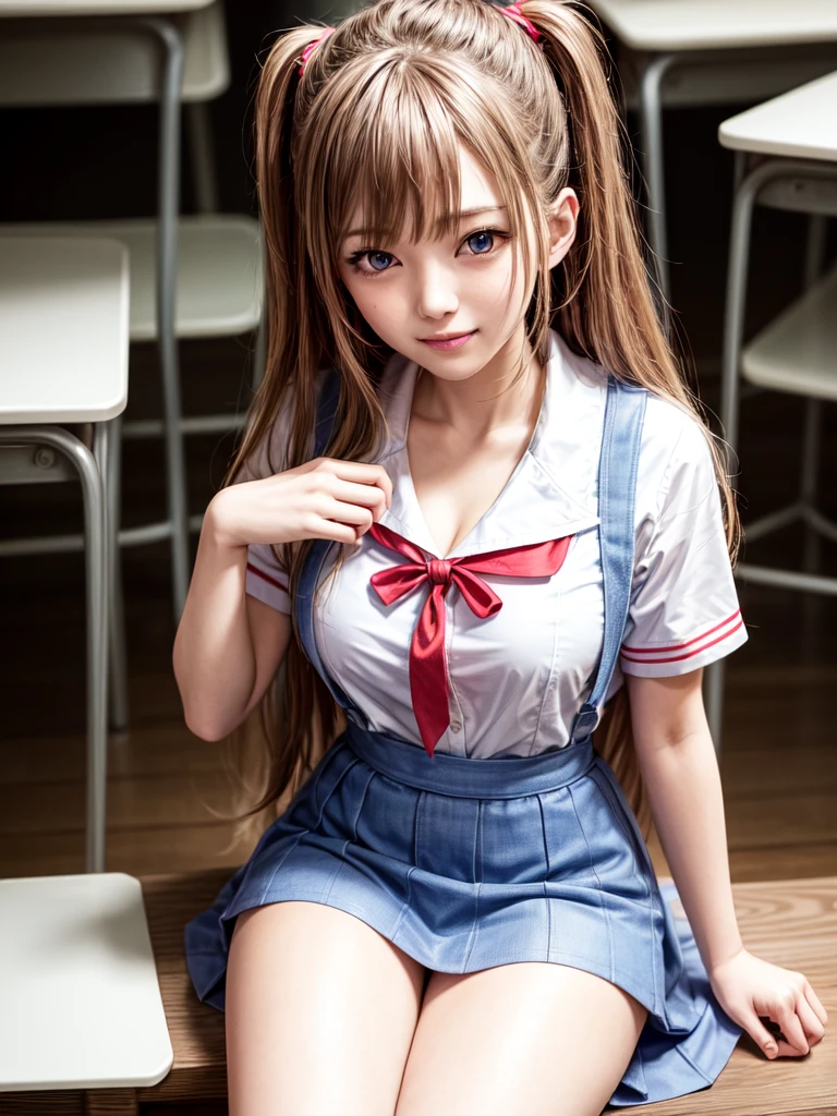 （8K, Highest quality, Pieces fly:1.2)、Ultra-high resolution、anime,1 very pretty girl,Asuka Langley,Highly detailed face, Fine grain,blue eyes,,White sailor collar plain short sleeve shirt,Light blue skirt,Light Blue Suspenders,uniform_Red ribbon,Orange Hair,Long Hair、Detailed hand and fingers,put your hands in your hair,Grin、sitting on desk,Shooting from above,classroom