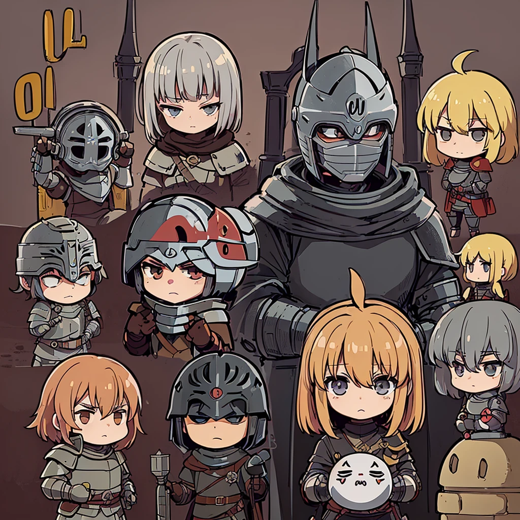 ((((Chibi Character、6 people))))、(((Iron Mask、Iron helmet、Iron Mask))),、Highest quality, Best Quality,Best illustrationedieval Armor、Medieval Knight、Grey Armor、(((20-year-old male)))、(((Living in the desert)))、(Simple Background)、(Mr.々Expression)
