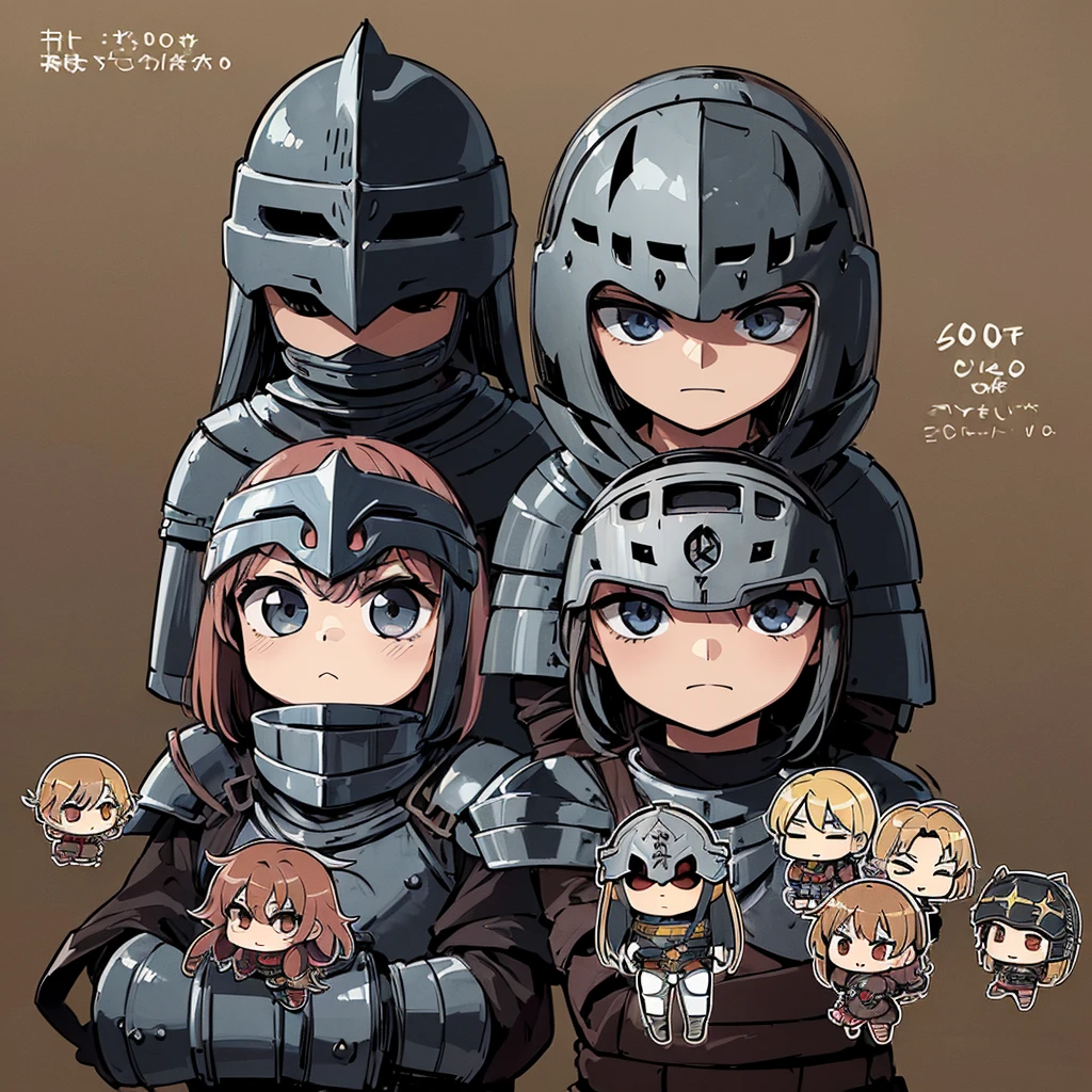 ((((Chibi Character、6 people))))、(((Iron Mask、Iron helmet、Iron Mask))),、Highest quality, Best Quality,Best illustrationedieval Armor、Medieval Knight、Grey Armor、(((20-year-old male)))、(((Living in the desert)))、(Simple Background)、(Mr.々Expression)