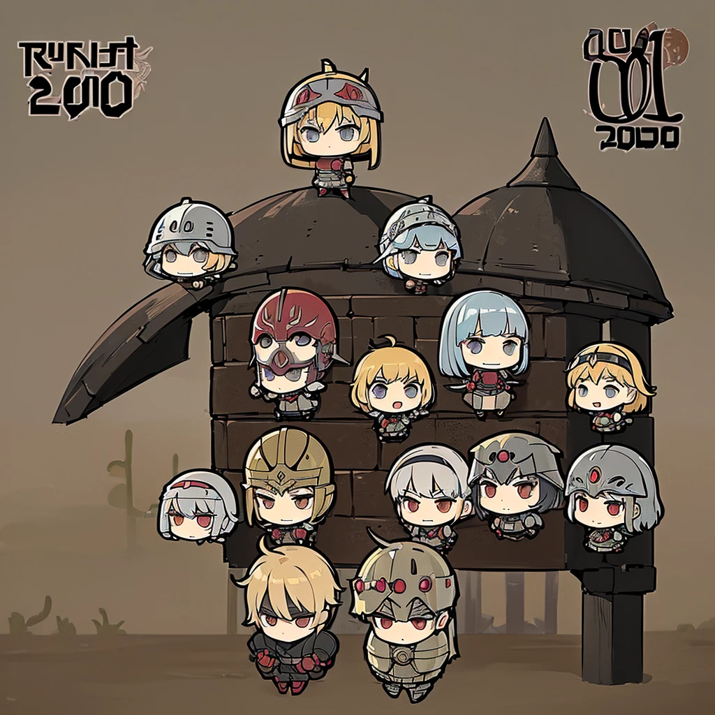 ((((Chibi Character、6 people))))、(((Iron Mask、Iron helmet、Iron Mask))),、Highest quality, Best Quality,Best illustrationedieval Armor、Medieval Knight、Grey Armor、(((20-year-old male)))、(((Living in the desert)))、(Simple Background)、(Mr.々Expression)