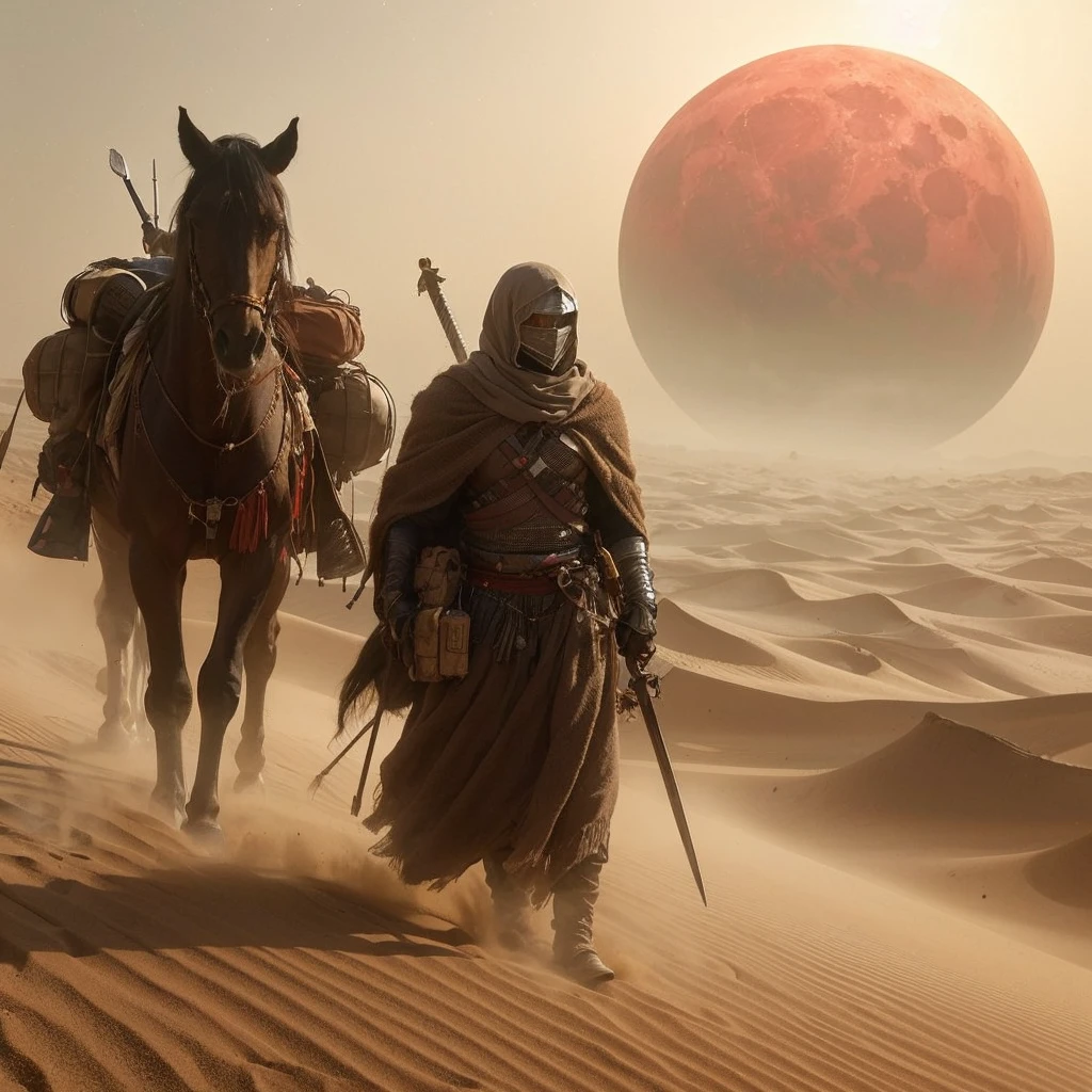 Hyperrealistic 4D image of a warrior knight walking with his horse, dressed as a desert nomad, wrapped in protective cloth, and carrying provisions and weapons, walking across vast sand dunes. The atmosphere is otherworldly, with a large red sun and moon or additional smaller planets visible in the dusty sky, suggesting that this scene takes place on a planet other than Earth, the figures exude exploration or travel through this alien desert landscape.