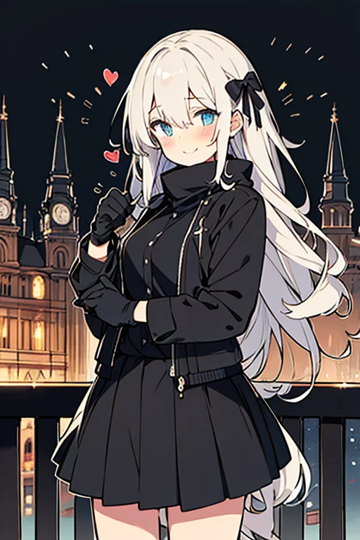 1girl，white hairbl，with (long) curly white hair, Black jacket, dark blue shirt inside, black skirt, black ribbons, Light blue eyes，blush , black gloves, Fleet style, bright eyes, meium height, medium body weight, very big eyes, detailed, mature, sensitive, heart in eyes, European cities background, winter, night, beautiful night city view, masterpiece, best quality, wallpaper,ancient European buildings, 20th century style, dark background, midnight, big smile 