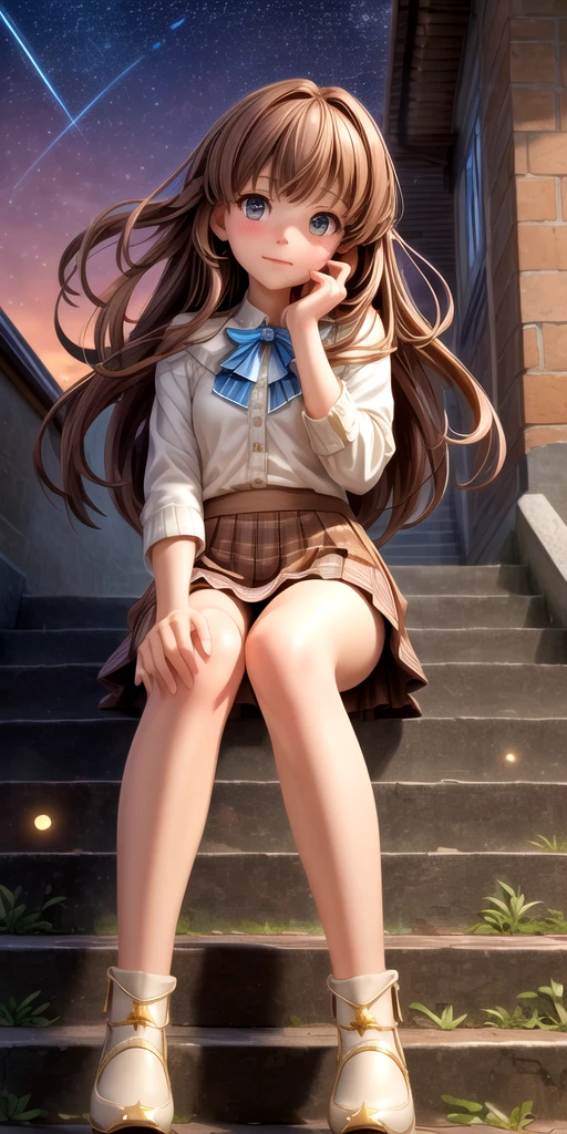 starry sky, stars, stairs, city, building, wide shot, 1girl, solo, long brown hair, skirt, sitting, from below, dutch angle, depth of field  