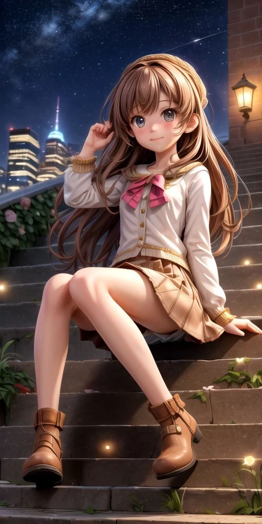 starry sky, stars, stairs, city, building, wide shot, 1girl, solo, long brown hair, skirt, sitting, from below, dutch angle, depth of field  