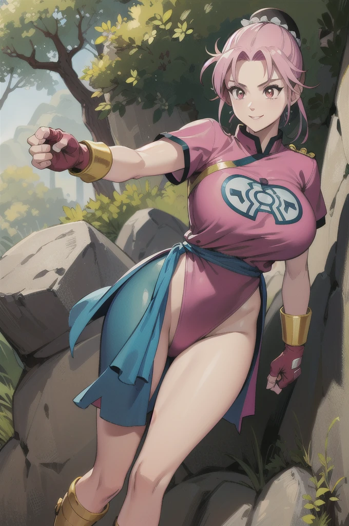 maam,big breasts,beautifuleyes,narrow waist,realistic,solo,outdoor,forest, martialMaam,pink hair,hair bun,long hair,china dress,short sleeves,sash,fingerless gloves,beautiful legs, smile, clenched fists, action pose,:1.1), lady, dragon quest