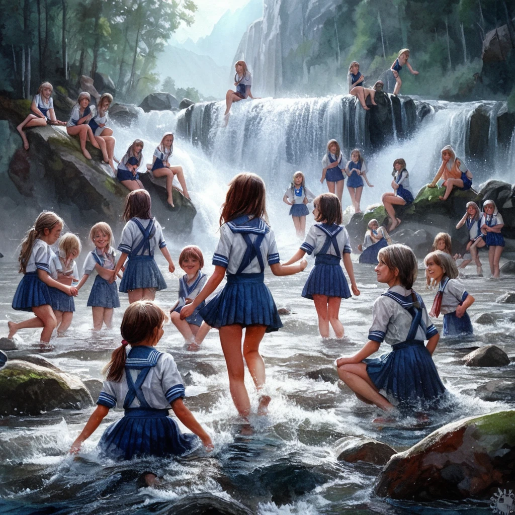 Realistic watercolor painting world。15 Russian schoolgirls wear school swimsuits at a mountain waterfall、Playing in the water so much that you can see all of your legs and hips。Let it be a sublime painting that exudes a sense of happiness.。