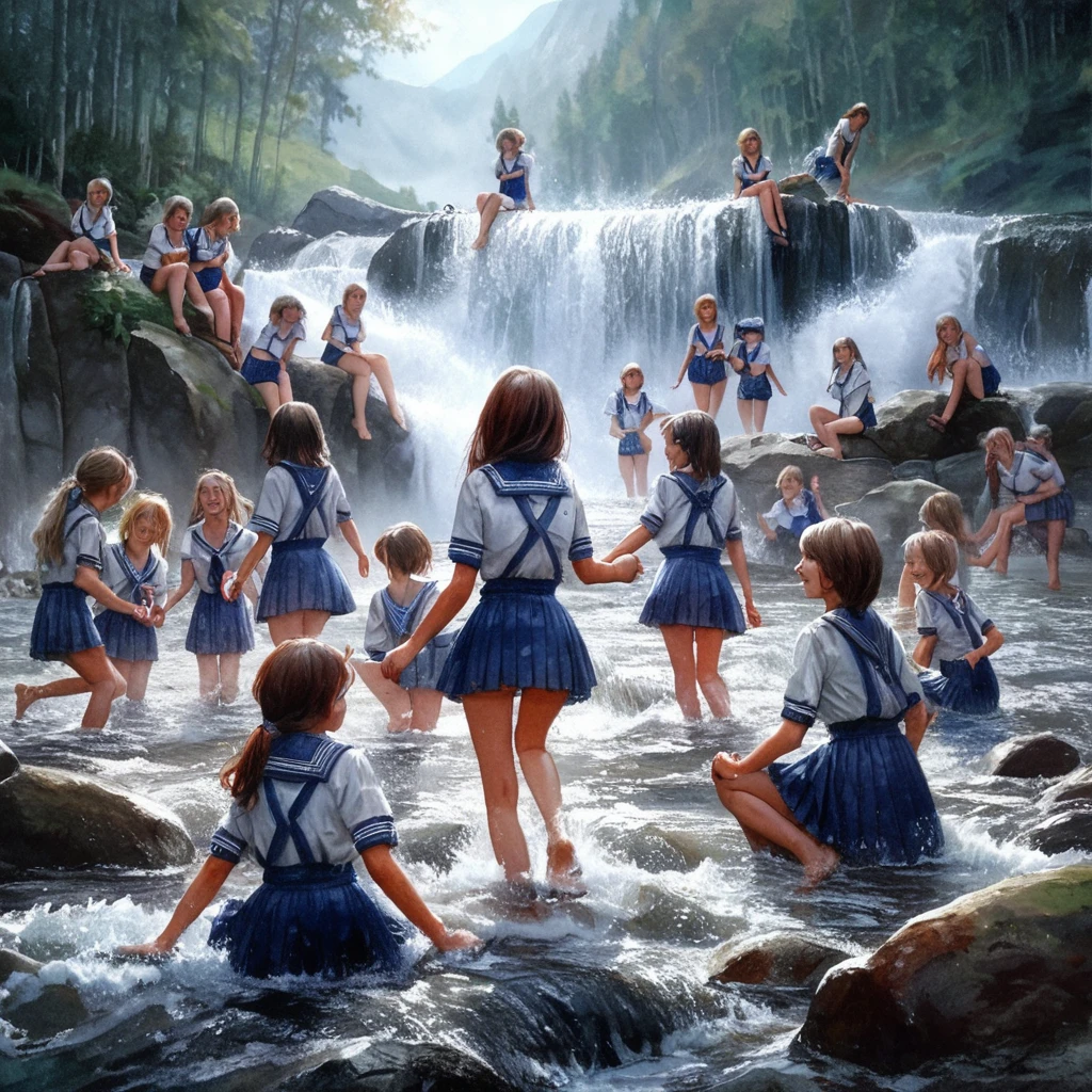 Realistic watercolor painting world。15 Russian schoolgirls wear school swimsuits at a mountain waterfall、Playing in the water so much that you can see all of your legs and hips。Let it be a sublime painting that exudes a sense of happiness.。