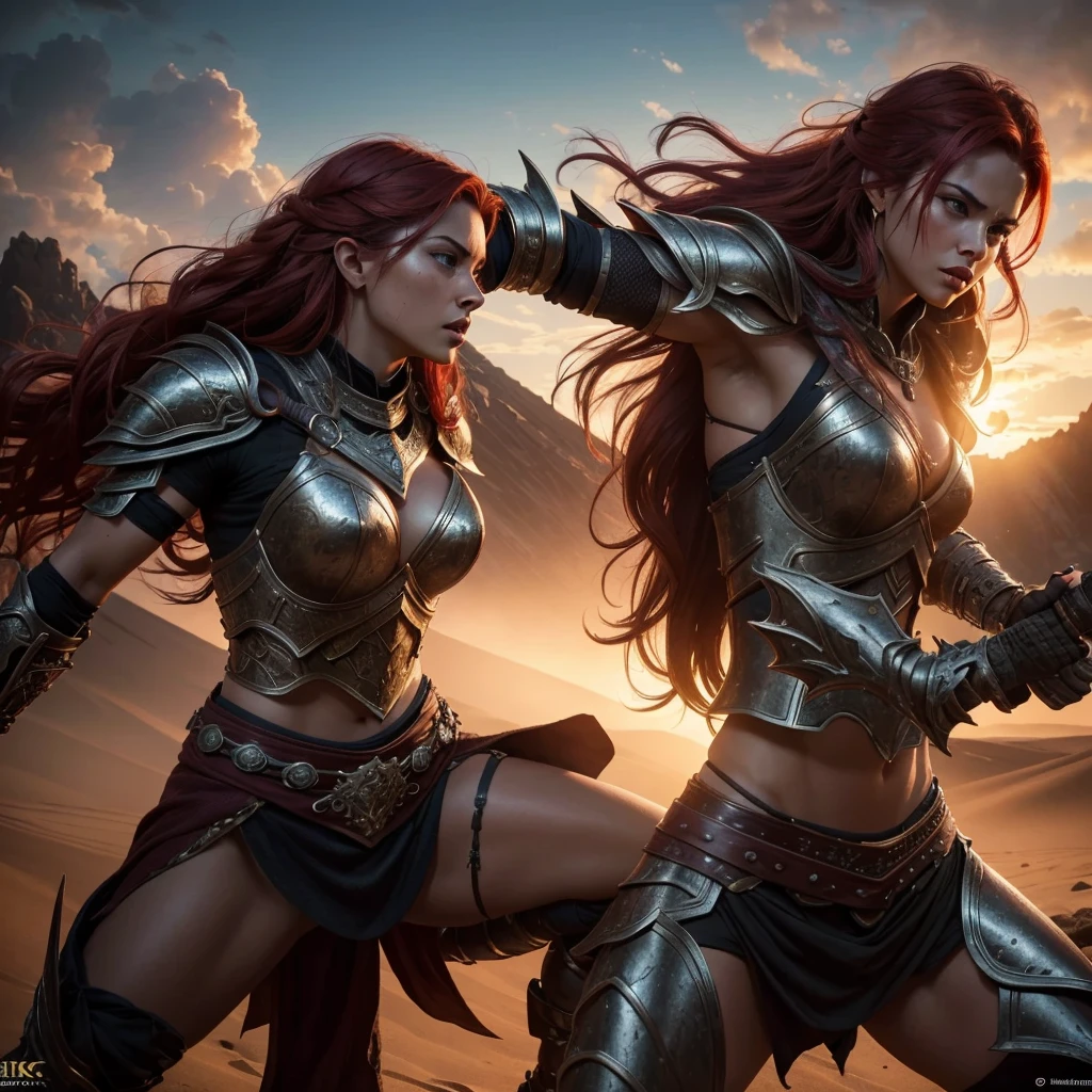 a fierce female warrior in a fantasy setting, intricate armor and weaponry, dramatic lighting, intense action pose, fiery red hair flowing, detailed facial features, muscular physique, desert or volcanic background, cinematic composition, (best quality,4k,8k,highres,masterpiece:1.2),ultra-detailed,(realistic,photorealistic,photo-realistic:1.37),digital painting,concept art,dramatic lighting,vibrant colors,intricate details