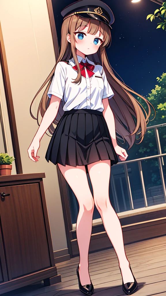 {Highest quality], [Super beautiful], [Ultra fine], [Best illustration],Brown Hair,Hime cut,semi-long,Bangs,girl,Uniform cap,White Shirt,Short sleeve,Long black skirt,Night Park,Blushing,Slender women, A woman wearing plain black pumps,Bare feet and pumps,Stand with your legs together,From an angle