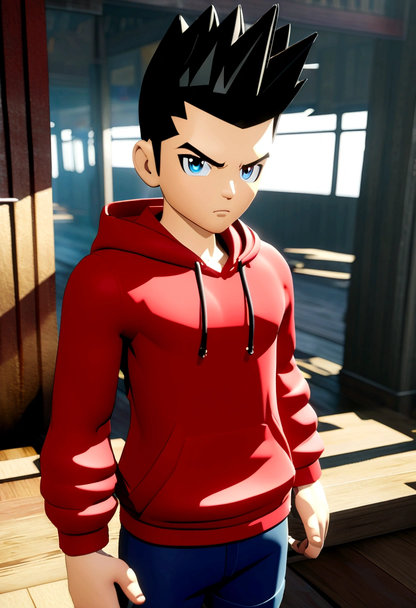 Anime character of a man with quiff and red hoodie, Anime character, Stylized character, anime style rendering, stylized 3D, serious character