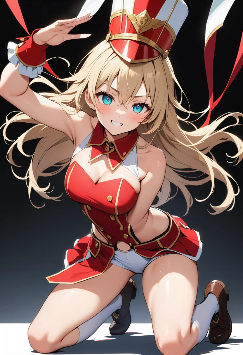 16k works,Highest quality,18-year-old,No background.White background only,whole body、Kneel,Dynamic and sexy pose, One person, Beautiful Face,, Symmetrical eyes, Perfect body, Good balance、 Perfect body、 marching band