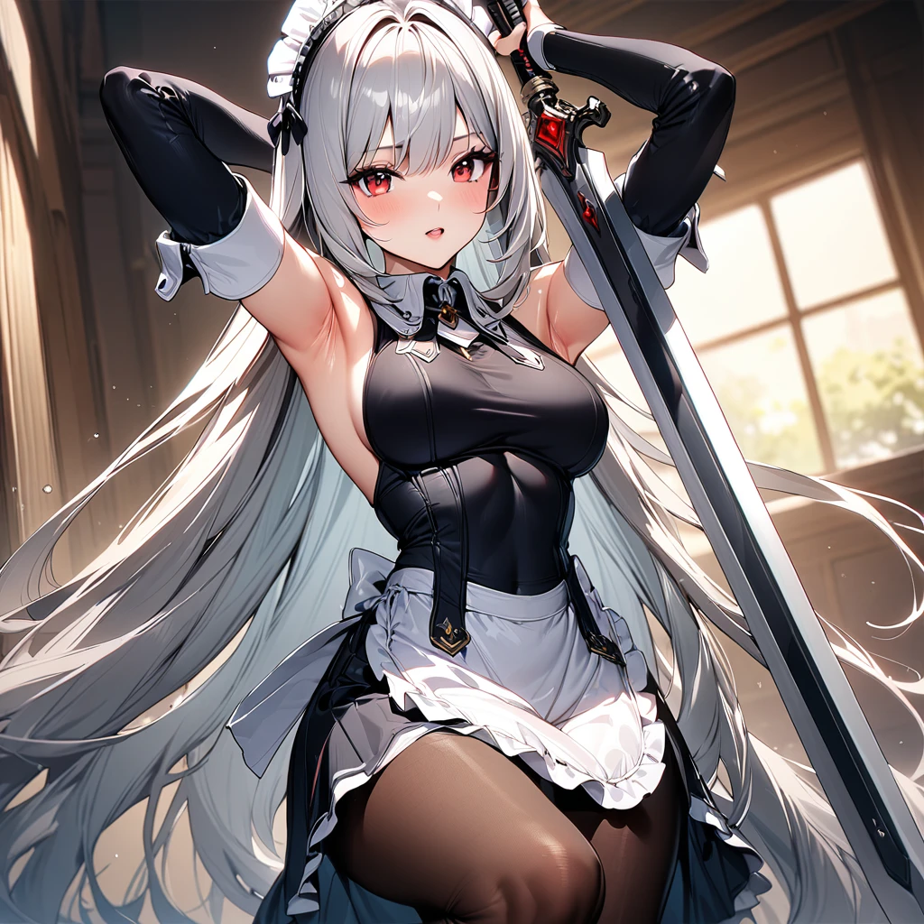 (masterpiece),(Highest quality),(Super detailed),(Best illustrations),(so beautiful), so beautiful長い脚, Silver Hair, Red eyes, Very long hair, pantyhose, Maid, headdress, apron, Long skirt, holding weapon, huge sword, armpits,