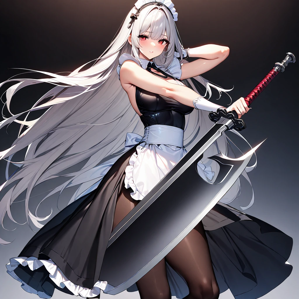 (masterpiece),(Highest quality),(Super detailed),(Best illustrations),(so beautiful), so beautiful長い脚, Silver Hair, Red eyes, Very long hair, pantyhose, Maid, headdress, apron, Long skirt, holding weapon, huge sword, armpits,
