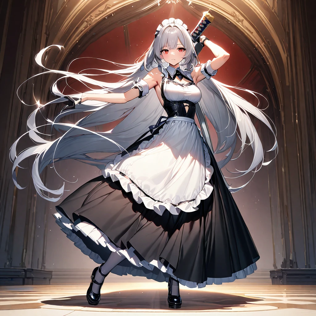 (masterpiece),(Highest quality),(Super detailed),(Best illustrations),(so beautiful), so beautiful長い脚, Silver Hair, Red eyes, Very long hair, pantyhose, Maid, headdress, apron, Long skirt, holding weapon, huge sword, armpits,