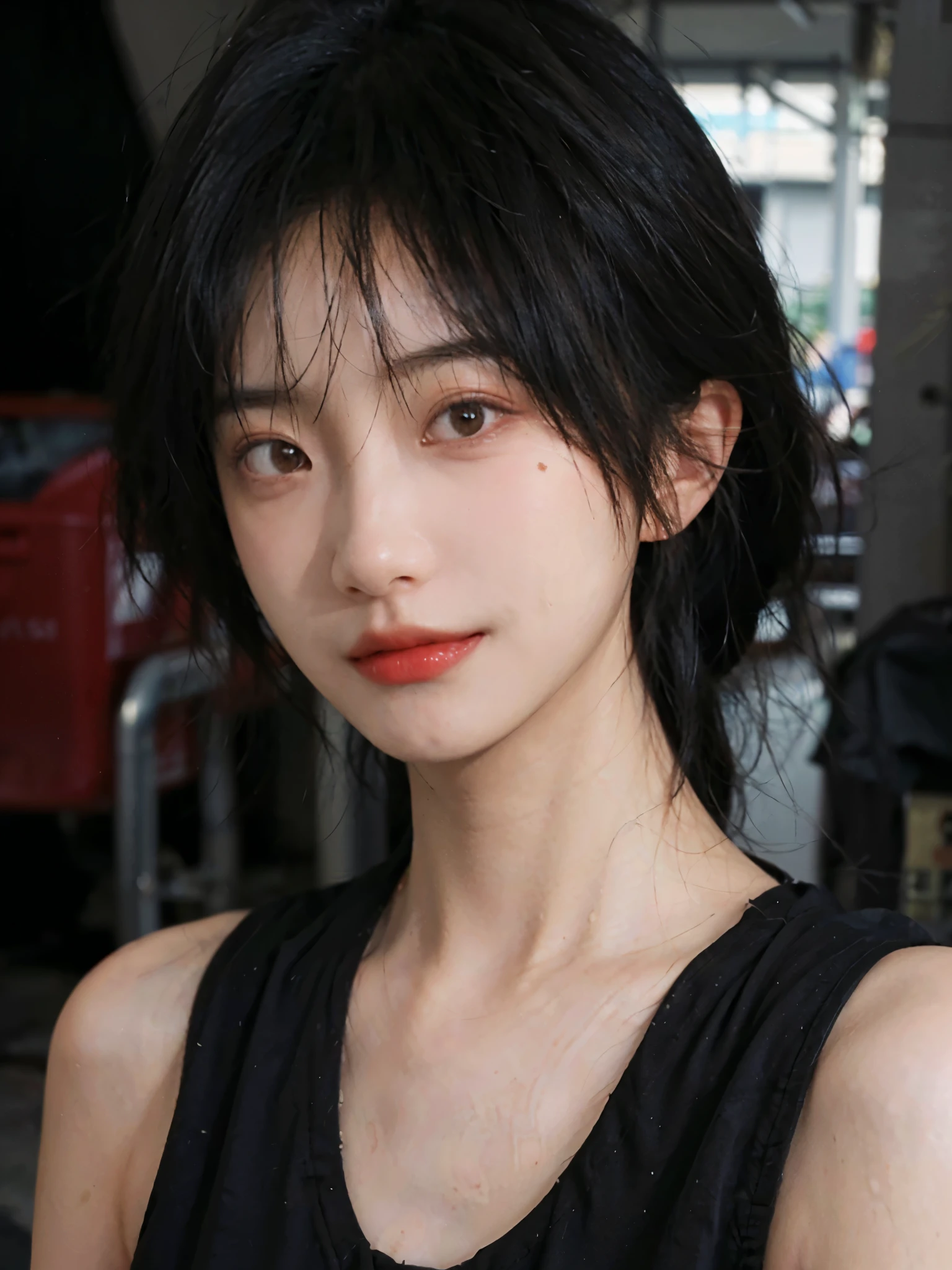 (Skin details:1.4), (smooth skin textures:1.3), (Upper Body:1.4),(Upper Body:1.3),(Black clothes:1.4),Lipstick, background, earrings, serene, calm, (Realistic and detailed eyes:1.2), Natural skin texture, Realistic facial details, Soft dramatic lighting, Vivid details, 35 mm film, outdoor, (Photo Practical:1.4), (hyper Practical:1.4), (Practical:1.3), (Smoother lighting:1.05), (Improve lighting quality:0.9), (Highest quality real skin textures:1.4), Exquisite eyes, Delicate face, Close-up of face, (Enhance the beauty of skin texture:1.1),0Normal body proportions, short hair, Moles under the eyes, A faint smile,Portrait Photography, Depth of Field, Bokeh, Surrealism, Ray Tracing, (Portrait Photography:1.1), Surrealism, High Detail, Chiaroscuro, Ray Tracing, reflected light, Ultra HD, Ultra HD, masterpiece, Textured Skin, Super Detail, High Detail, high quality, best quality