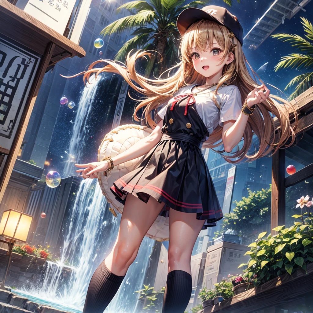 Red, brown, gold, gold hair、Golden Eyes、Hair tied up、One good looking girl、solo、anime、Checkered mini skirt、Ruffles on the skirt、Checked dress、blouse、school uniform、Black knee-high socks、Wearing a baseball cap、Ribbon、Ribbon on waist、Teeth are visible、Silver coin necklace、From above、Cobblestones、waterfall、Starry Sky、Midnight Moon、suspension bridge、Soap bubbles are flying、beam、Standing still、Eight Towers、Palm Tree、Transparent、Sandy Beach、time and space、goddess、Billboard