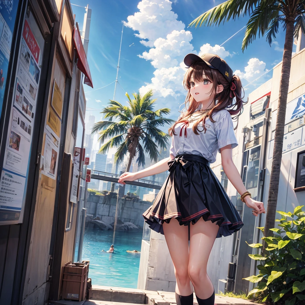 Red, brown, gold, gold hair、Golden Eyes、Hair tied up、One good looking girl、solo、anime、Checkered mini skirt、Ruffles on the skirt、Checked dress、blouse、school uniform、Black knee-high socks、Wearing a baseball cap、Ribbon、Ribbon on waist、Teeth are visible、Silver coin necklace、From above、Cobblestones、waterfall、Starry Sky、Midnight Moon、suspension bridge、Soap bubbles are flying、beam、Standing still、Eight Towers、Palm Tree、Transparent、Sandy Beach、time and space、goddess、Billboard