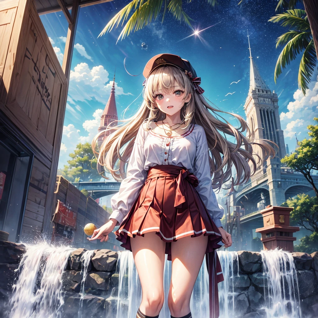 Red, brown, gold, gold hair、Golden Eyes、Hair tied up、One good looking girl、solo、anime、Checkered mini skirt、Ruffles on the skirt、Checked dress、blouse、school uniform、Black knee-high socks、Wearing a baseball cap、Ribbon、Ribbon on waist、Teeth are visible、Silver coin necklace、From above、Cobblestones、waterfall、Starry Sky、Midnight Moon、suspension bridge、Soap bubbles are flying、beam、Standing still、Eight Towers、Palm Tree、Transparent、Sandy Beach、time and space、goddess、Billboard