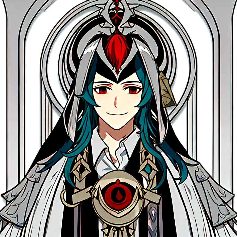 masterpiece, best quality, simple background, simple background, simple background, simple background, portrait, solo, 1boy, 30 years old, turquoise curly hair, plague doctor mask covers half of his face, smile, white doctor's clothes, bathrobe, red eyes,
