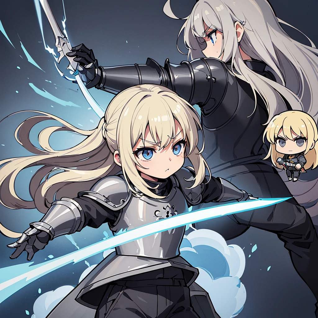 (((Chibi Character、Character Sheet)))、(Full body character concept)、Highest quality, Best Quality、(((Simple grey armor、Black trousers))、(woman、18-year-old)、(Blonde、Long Hair)、(White background)、(Puffy face)、(Cowboy Shot)、Glowing blue aura、(sword、Deathblow、flash)、Movement angle、(From the side)