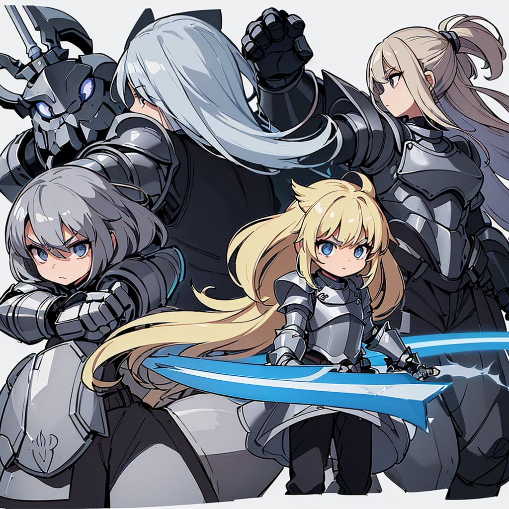 (((Chibi Character、Character Sheet)))、(Full body character concept)、Highest quality, Best Quality、(((Simple grey armor、Black trousers))、(woman、18-year-old)、(Blonde、Long Hair)、(White background)、(Puffy face)、(Cowboy Shot)、Glowing blue aura、(sword、Deathblow、flash)、Movement angle、(From the side)