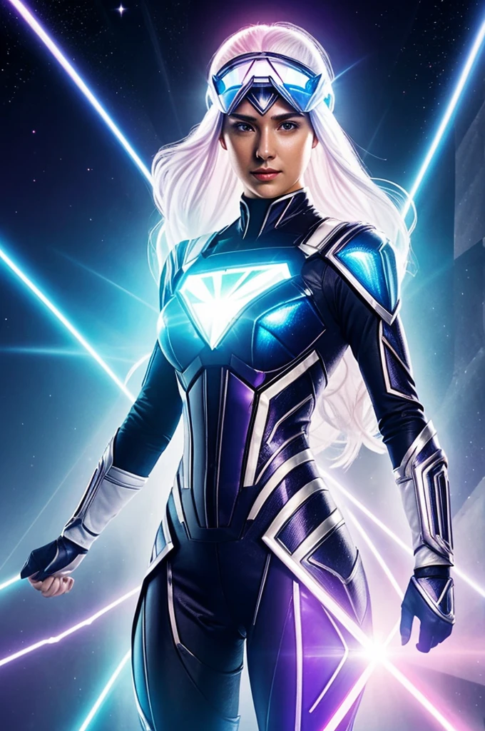 A costume of a female superhero called a bright white prism that reflects light, with prismatic details that change color according to your emotional state. He wears a special visor that amplifies his control over light and protects his eyes. his entire body
