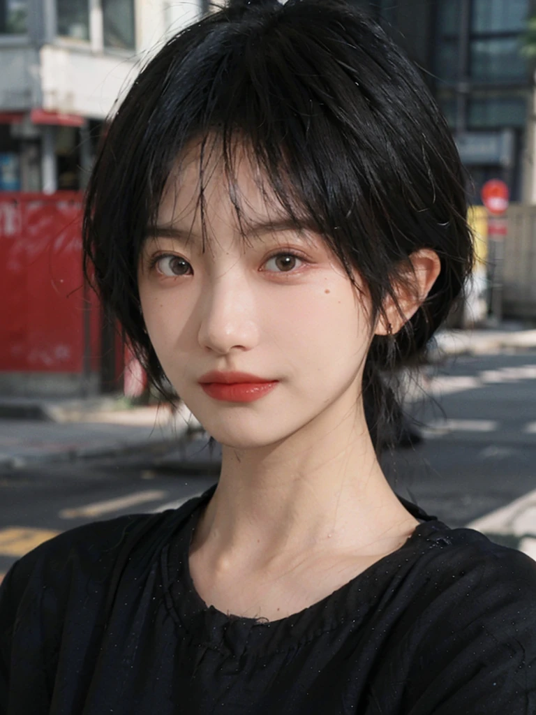(Skin details:1.4), (smooth skin textures:1.3), (Upper Body:1.4),(Upper Body:1.3),(Black clothes:1.4),Lipstick, background, earrings, serene, calm, (Realistic and detailed eyes:1.2), Natural skin texture, Realistic facial details, Soft dramatic lighting, Vivid details, 35 mm film, outdoor, (Photo Practical:1.4), (hyper Practical:1.4), (Practical:1.3), (Smoother lighting:1.05), (Improve lighting quality:0.9), (Highest quality real skin textures:1.4), Exquisite eyes, Delicate face, Close-up of face, (Enhance the beauty of skin texture:1.1),0Normal body proportions, short hair, Moles under the eyes, A faint smile,Portrait Photography, Depth of Field, Bokeh, Surrealism, Ray Tracing, (Portrait Photography:1.1), Surrealism, High Detail, Chiaroscuro, Ray Tracing, reflected light, Ultra HD, Ultra HD, masterpiece, Textured Skin, Super Detail, High Detail, high quality, best quality