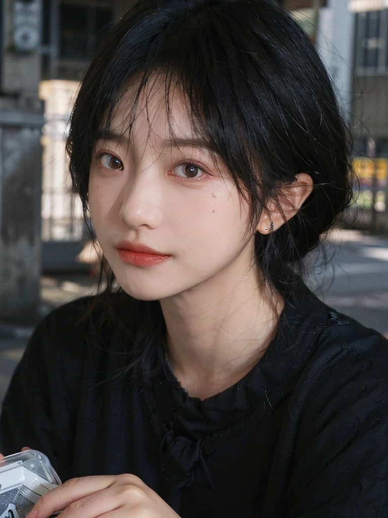 (Skin details:1.4), (smooth skin textures:1.3), (Upper Body:1.4),(Upper Body:1.3),(Black clothes:1.4),Lipstick, background, earrings, serene, calm, (Realistic and detailed eyes:1.2), Natural skin texture, Realistic facial details, Soft dramatic lighting, Vivid details, 35 mm film, outdoor, (Photo Practical:1.4), (hyper Practical:1.4), (Practical:1.3), (Smoother lighting:1.05), (Improve lighting quality:0.9), (Highest quality real skin textures:1.4), Exquisite eyes, Delicate face, Close-up of face, (Enhance the beauty of skin texture:1.1),0Normal body proportions, short hair, Moles under the eyes, A faint smile,Portrait Photography, Depth of Field, Bokeh, Surrealism, Ray Tracing, (Portrait Photography:1.1), Surrealism, High Detail, Chiaroscuro, Ray Tracing, reflected light, Ultra HD, Ultra HD, masterpiece, Textured Skin, Super Detail, High Detail, high quality, best quality