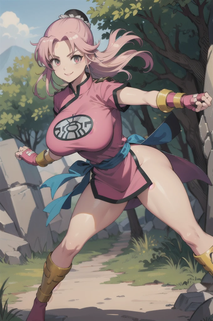 maam,big breasts,beautifuleyes,narrow waist,realistic,solo,outdoor,forest, martialMaam,pink hair,hair bun,long hair,china dress,short sleeves,sash,fingerless gloves,beautiful legs, smile, clenched fists, action pose,:1.1), lady, dragon quest