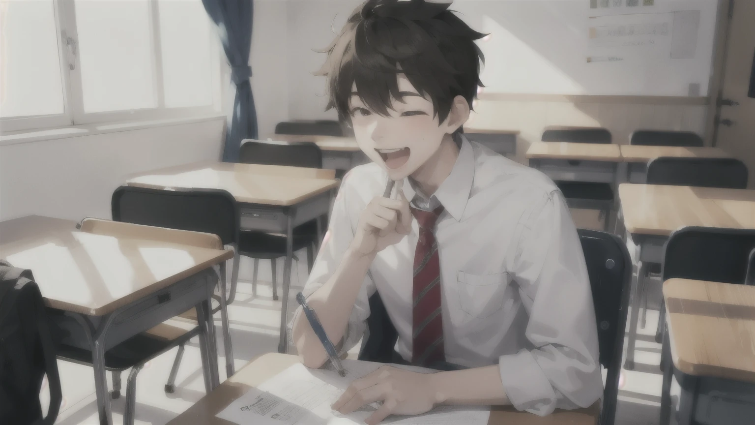 A male high school student is taking a test in the classroom,laughing