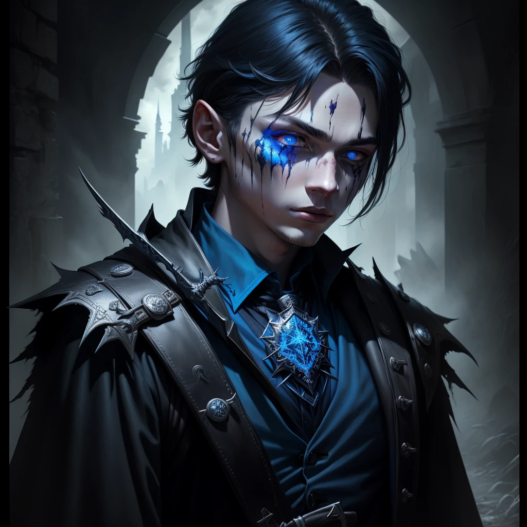 A young wizard boy, closeup portrait, blood on his face, holding a gun in his hand, dark fantasy art, elegant horror art, 4k detailed horror art, dark fairy tale horror, dark fantasy art style, flying cards, blue clothing
