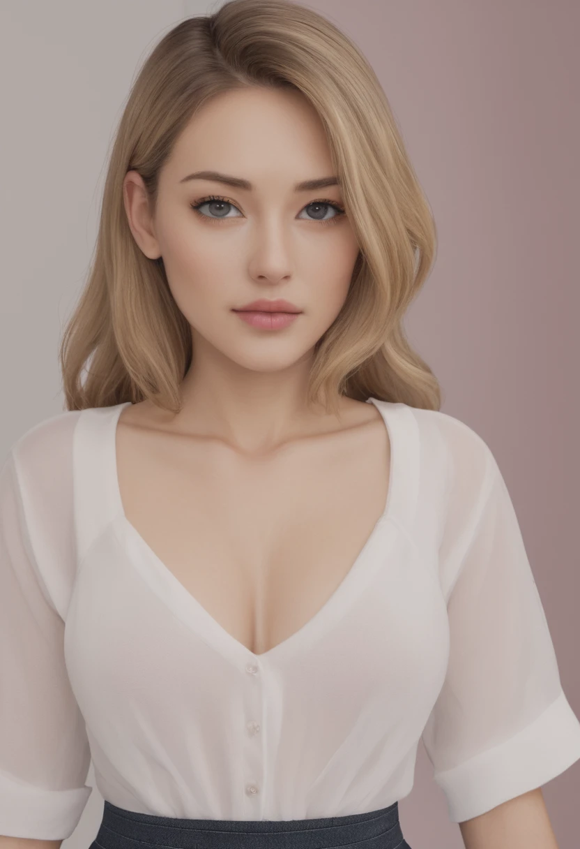 （（（European Caucasian Woman）））、（（（Mary, 18 years old）））、one person、（Thin contours、Grey Eye:1.5）、（Thin contours）、Big Breasts、Narrow waist、（（（White and translucent skin:1.3）））、Beautiful, shiny blonde medium-long hair、8-head-tall model style、Waist-down angle、Tokyo city、