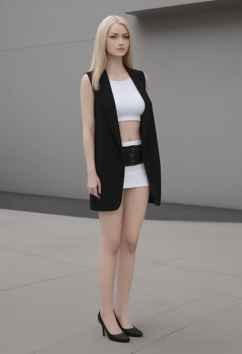 （（（European Caucasian Woman）））、（（（Mary, 18 years old）））、one person、（Thin contours、Grey Eye:1.5）、（Thin contours）、Big Breasts、Narrow waist、（（（White and translucent skin:1.3）））、Beautiful, shiny blonde medium-long hair、8-head-tall model style、Waist-down angle、Tokyo city、