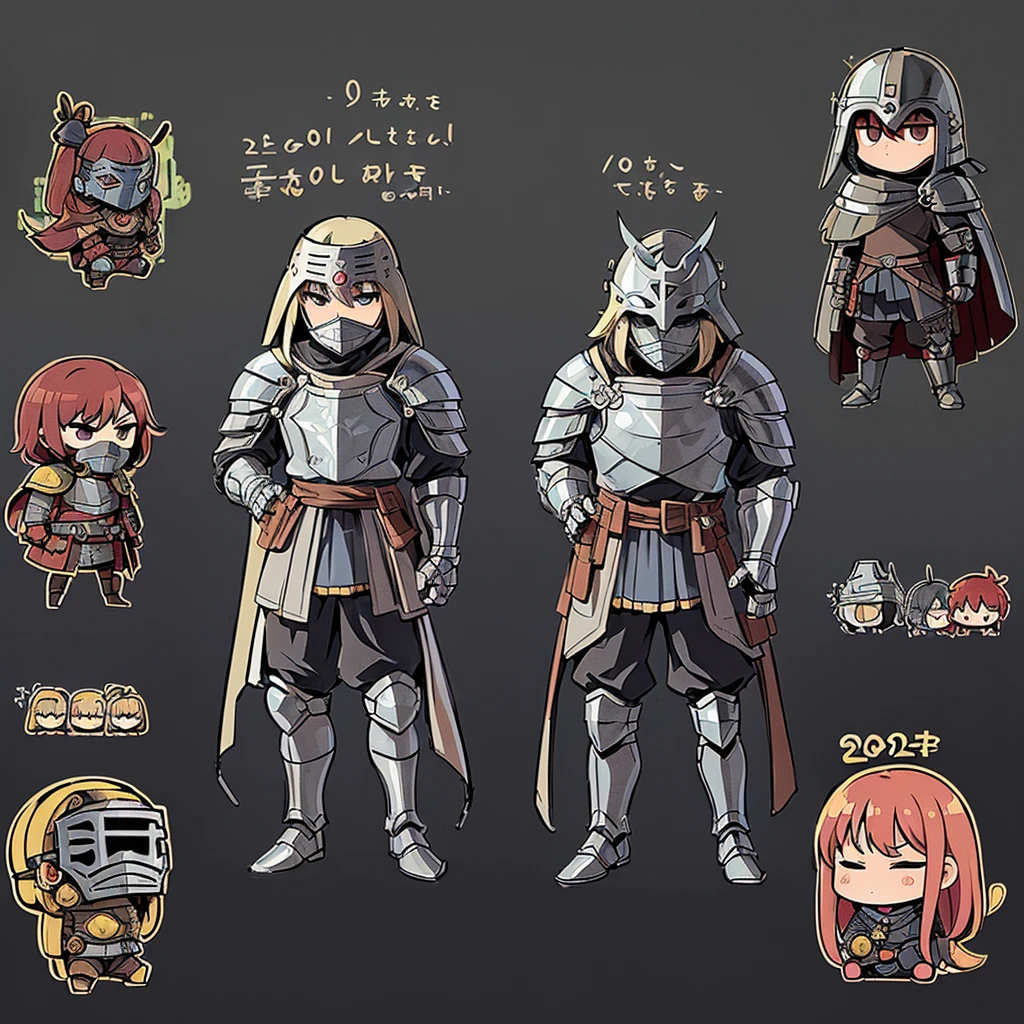 ((((Chibi Character、6 people))))、(((Iron Mask、Iron helmet、Iron Mask))),、Highest quality, Best Quality,Best illustrationedieval Armor、Medieval Knight、Grey Armor、(((20-year-old male)))、(((Living in the desert)))、(Simple Background)、(Mr.々Expression)